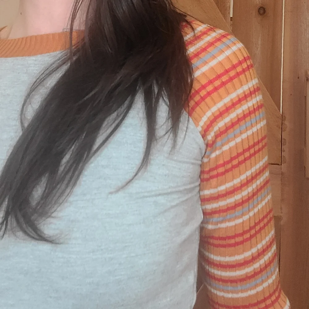 Handmade Retro Gray and Orange Striped Long Sleeve Top - Picture 4 of 6